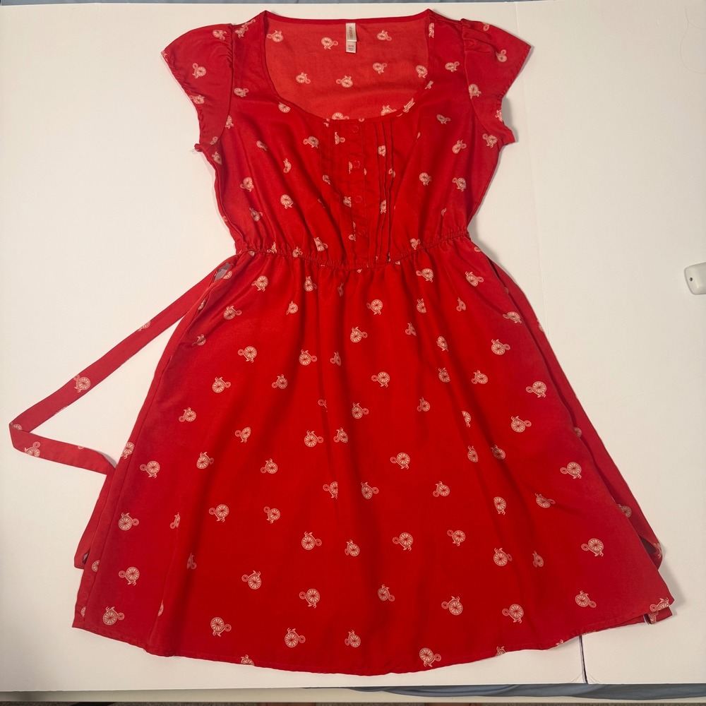 Xhilaration Red Bicycle Print Dress Juniors Medium Pockets Retro Coquette Gruge